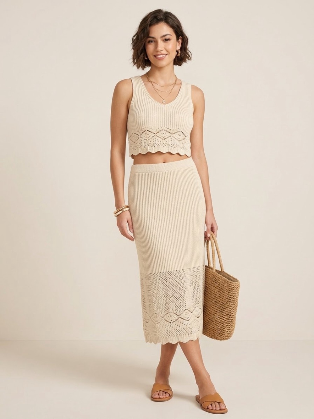 House of Harlow 1960 Cream Pointelle Crochet Knit 2-Piece Set Tank Skirt Medium